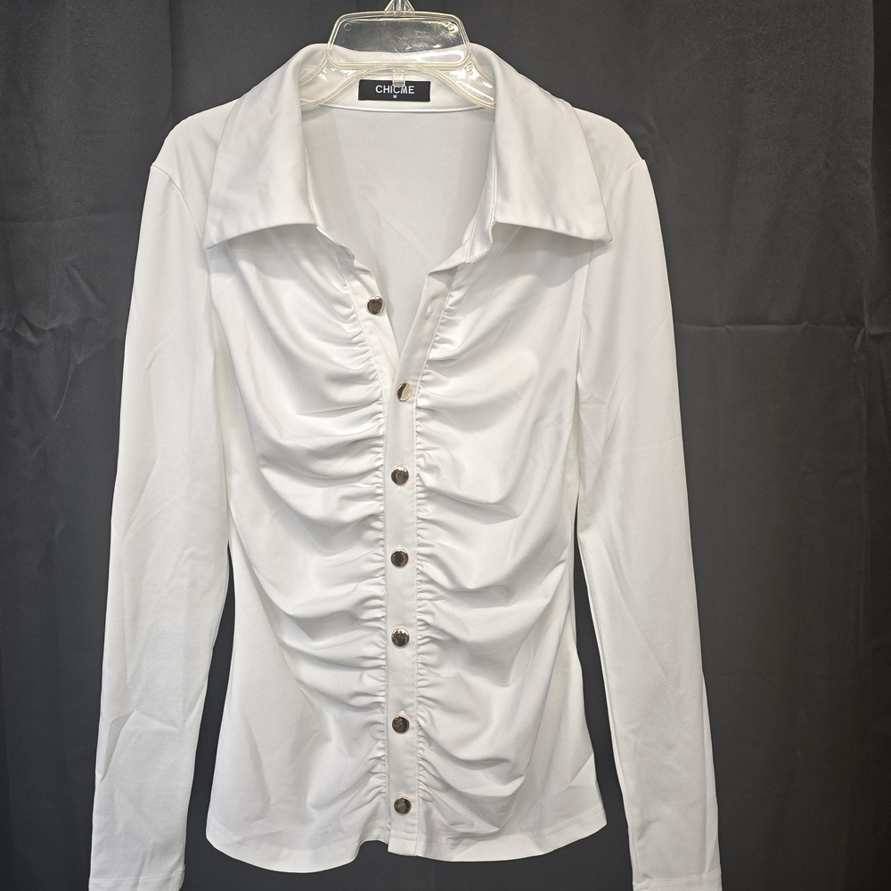Classic Ruched White Button-Down Shirt -New!